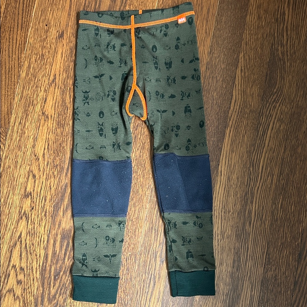 Helly Hansen Olive Green and Navy Kids Thermal Baselayer Pants with Orange Trim